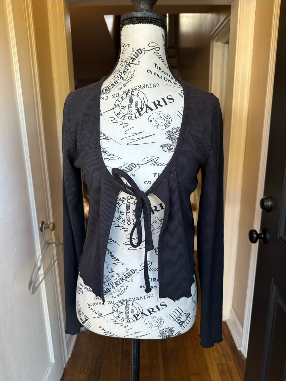 Women’s Black Tie-Front Ribbed Cardigan Hoodie